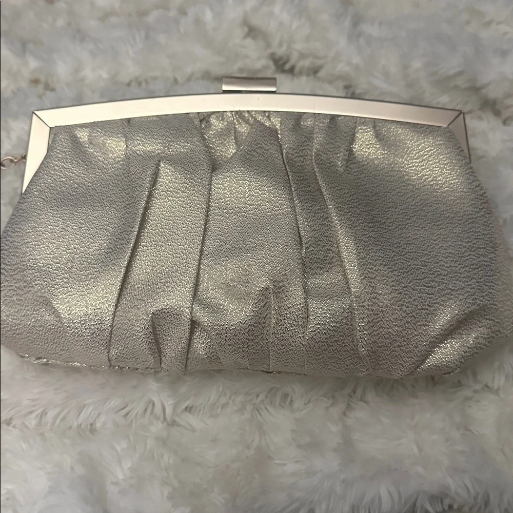 Gleaming Cream Clutch with Rhinestone Detail Detachabable  D- Ring long chain.